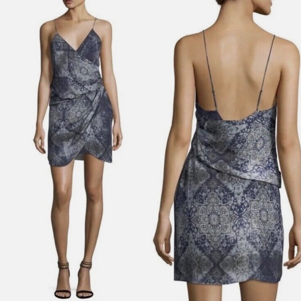 NWT Haute Hippie Cassie Silk Mini Dress Sz4 Gray/Blue Spaghetti Straps MSRP $395